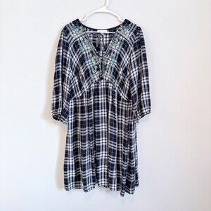 Baby Doll Dress Knee Length Embroidered Plaid Cottagecore Prairie Blue Size XL